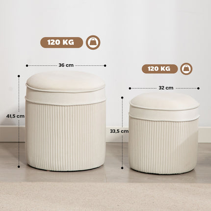 Set of 2 Storage Ottomans, Round Velvet, Cream, 36x36x41.5 cm