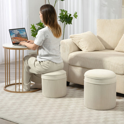Set of 2 Storage Ottomans, Round Velvet, Cream, 36x36x41.5 cm