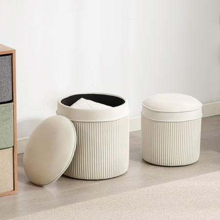 Set of 2 Storage Ottomans, Round Velvet, Cream, 36x36x41.5 cm