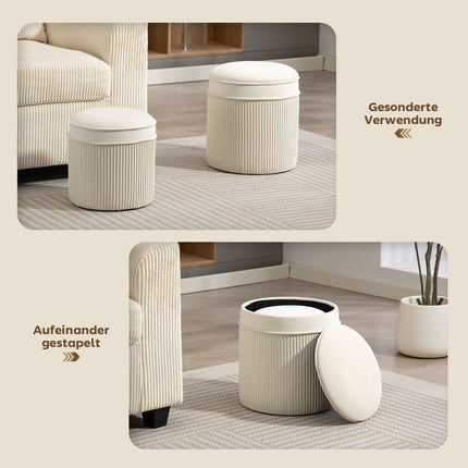 Set of 2 Storage Ottomans, Round Velvet, Cream, 36x36x41.5 cm