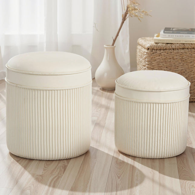 Set van 2 opbergpoefs, rond fluweel, crème, 36x36x41,5 cm
