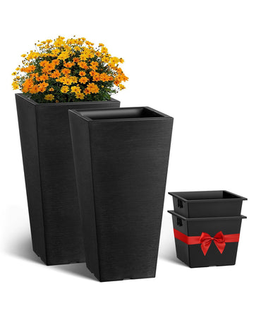 Set of 2 Tall Outdoor Planters, 22-Inch Black Square, Drainage