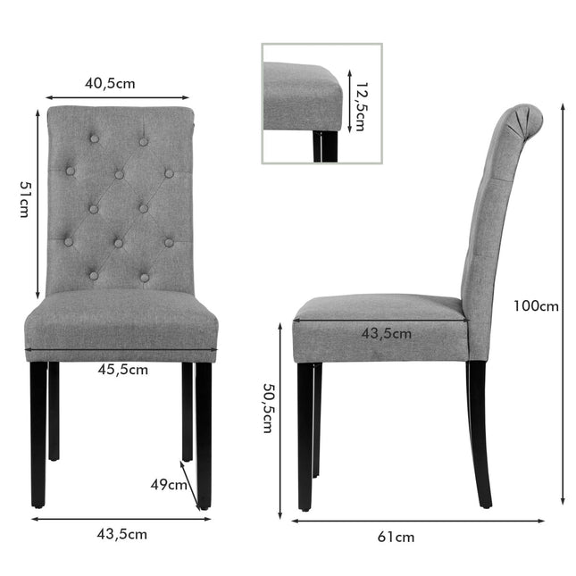 Set of 2 Upholstered Dining Chairs, Grey Linen, Rubberwood Legs