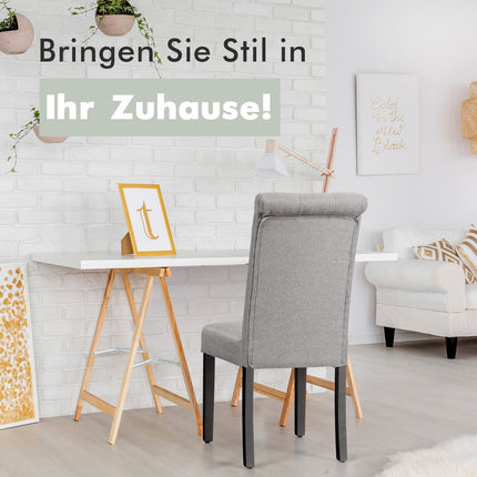 Set of 2 Upholstered Dining Chairs, Grey Linen, Rubberwood Legs