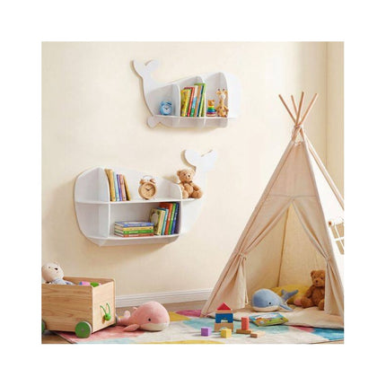 Set of 2 Whale Wall Shelves for Kids with Compartments, White, MDF