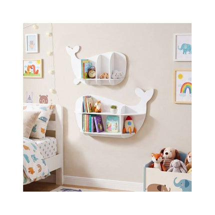 Set of 2 Whale Wall Shelves for Kids with Compartments, White, MDF