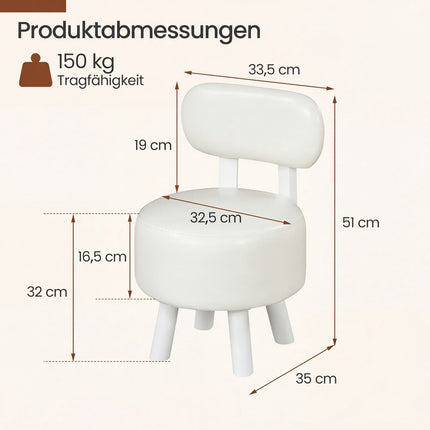 Set of 2 White Faux Leather Stools with Backrest, 150kg Capacity
