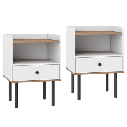 Set of 2 White Nightstands with Drawer & Open Shelf