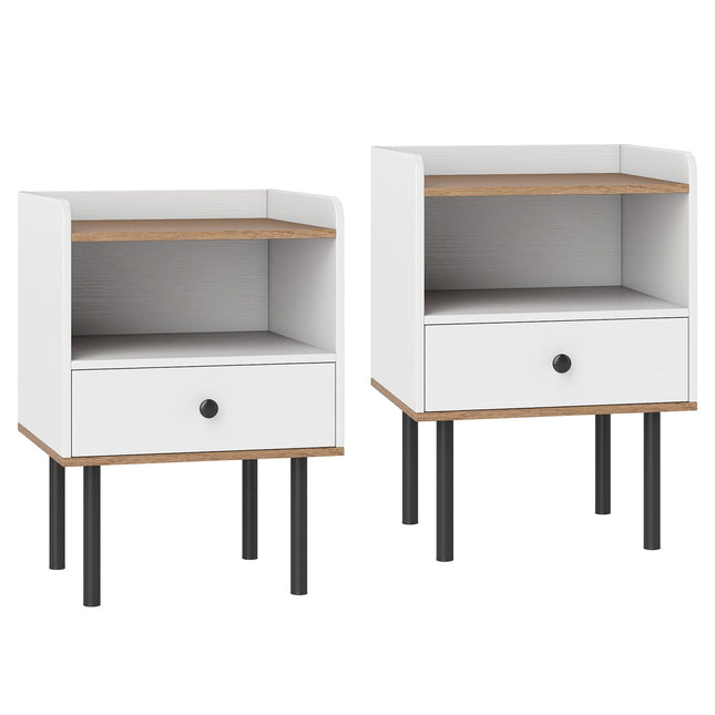Set of 2 White Nightstands with Drawer & Open Shelf