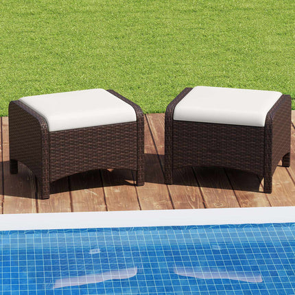 Set of 2 White Rattan Pouf Stools with Cushions