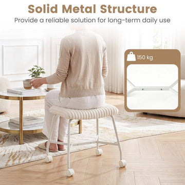 Set of 2 White Upholstered Rolling Stools with Casters