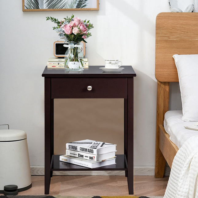 Set of 2 Wooden Bedside Tables, Drawer Shelf, Brown