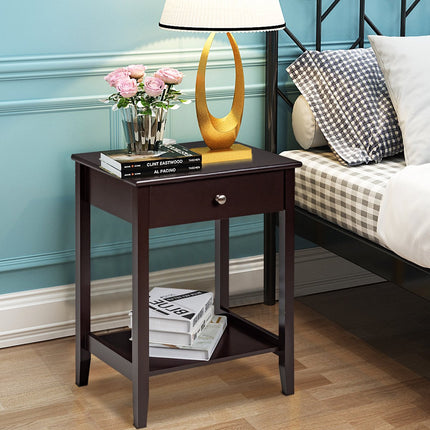 Set of 2 Wooden Bedside Tables, Drawer Shelf, Brown