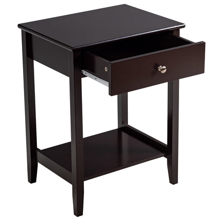 Set of 2 Wooden Bedside Tables, Drawer Shelf, Brown