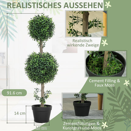 Set of 2 artificial plants, artificial boxwood plants, UV-protected, with pot, green