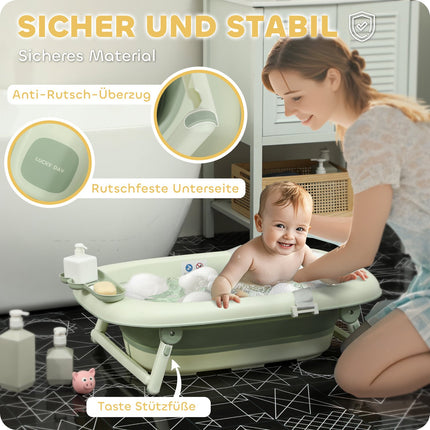 Set van 2 babybadjes, opvouwbaar babybadje met frame, antislip babybadje met badkussen, badkuip, douchebak voor peuters 0-3 jaar, groen