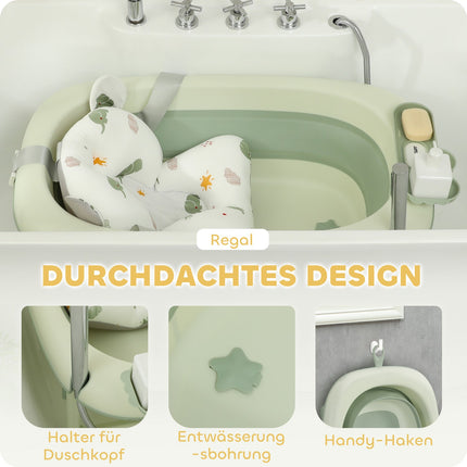 Set van 2 babybadjes, opvouwbaar babybadje met frame, antislip babybadje met badkussen, badkuip, douchebak voor peuters 0-3 jaar, groen