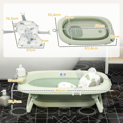 Set van 2 babybadjes, opvouwbaar babybadje met frame, antislip babybadje met badkussen, badkuip, douchebak voor peuters 0-3 jaar, groen