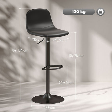 Adjustable Faux Leather Bar Stools, Set of 2, Swivel, Black