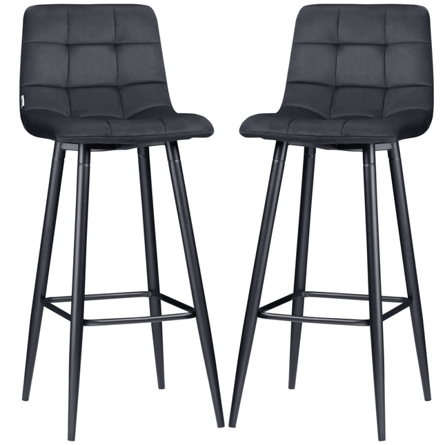Black Velvet Bar Stool Set with footrest, steel legs - 42x47x105cm