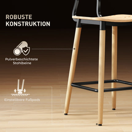 Set of 2 bar stools with backrest, bar chairs for home bar, kitchen island, dining room, wood, metal, light brown