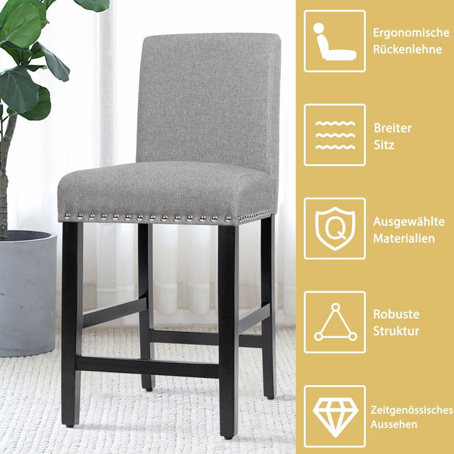Set of 2 bar stools with legs made of rubber wood and breathable linen fabric bar chairs gray