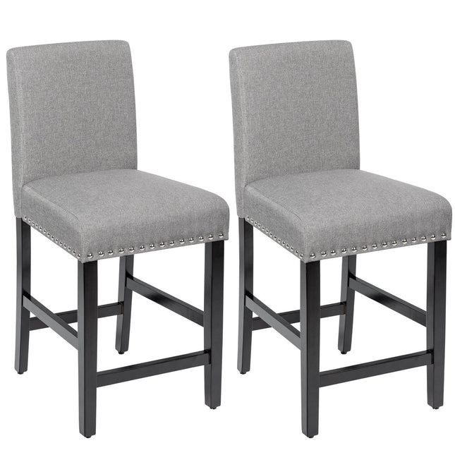 Set of 2 bar stools with legs made of rubber wood and breathable linen fabric bar chairs gray
