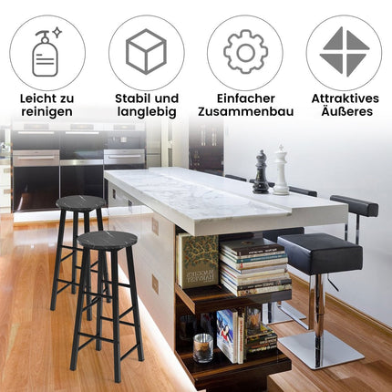 Set of 2 bar stools with marble look & footrest & 71 cm seat height bar chairs counter stools black