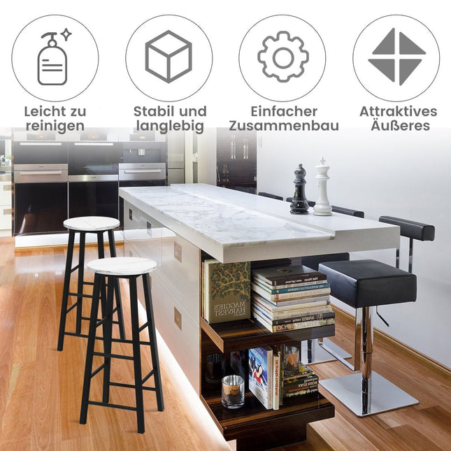 Set of 2 bar stools with marble look & footrest & 71 cm seat height bar chairs counter stools white