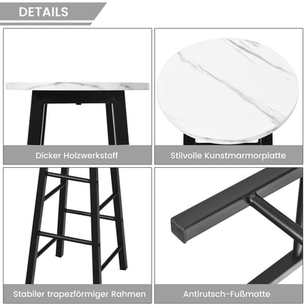 Set of 2 bar stools with marble look & footrest & 71 cm seat height bar chairs counter stools white