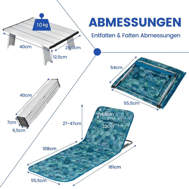 Set of 2 beach mats with side table, pillow & storage compartment, lounger mat with adjustable backrest, turquoise blue