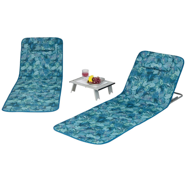 Set of 2 beach mats with side table, pillow & storage compartment, lounger mat with adjustable backrest, turquoise blue