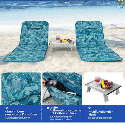 Set of 2 beach mats with side table, pillow & storage compartment, lounger mat with adjustable backrest, turquoise blue