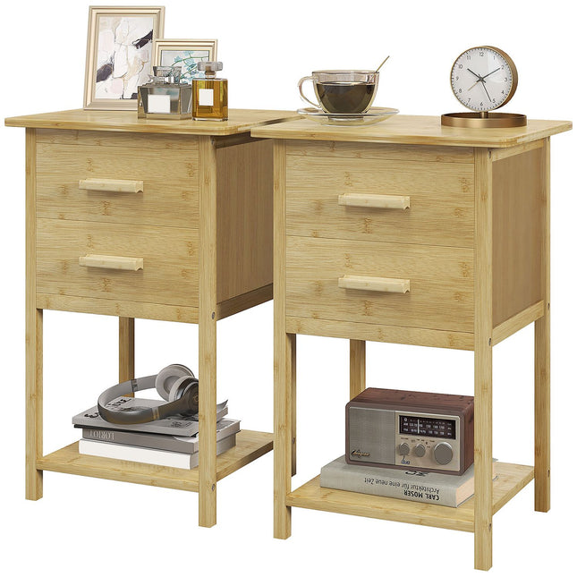 Set of 2 bedside tables with drawer and shelf, natural finish