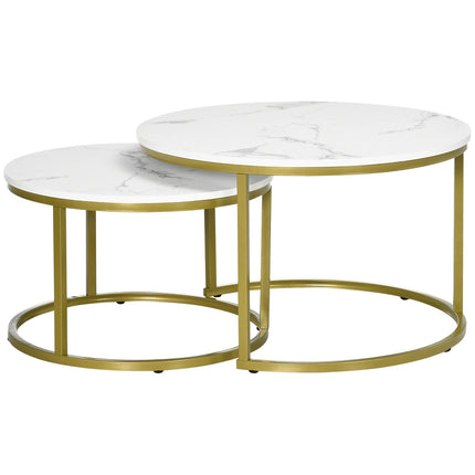 Round coffee table in marble look, set of 2, Steel in gold