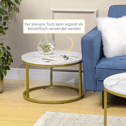 Round coffee table in marble look, set of 2, Steel in gold