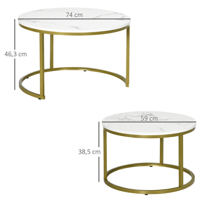Round coffee table in marble look, set of 2, Steel in gold