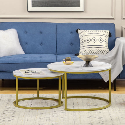 Round coffee table in marble look, set of 2, Steel in gold