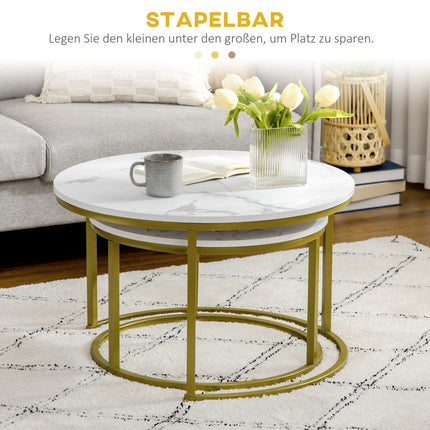 Round coffee table in marble look, set of 2, Steel in gold