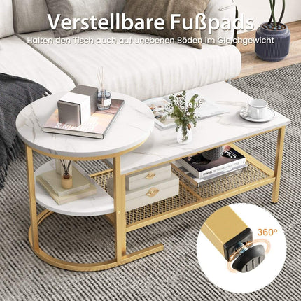 Set of 2 coffee tables, side tables, marble look with metal frame and shelf in gold and white