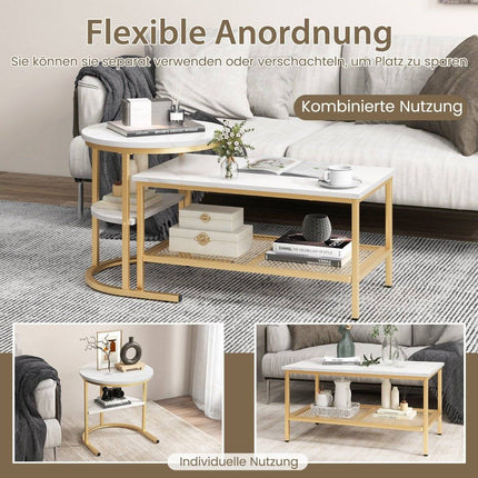 Set of 2 coffee tables, side tables, marble look with metal frame and shelf in gold and white