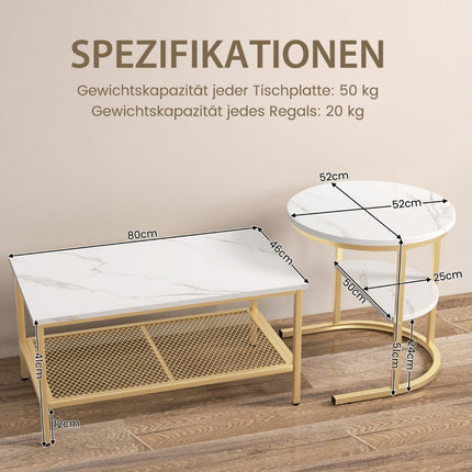 Set of 2 coffee tables, side tables, marble look with metal frame and shelf in gold and white
