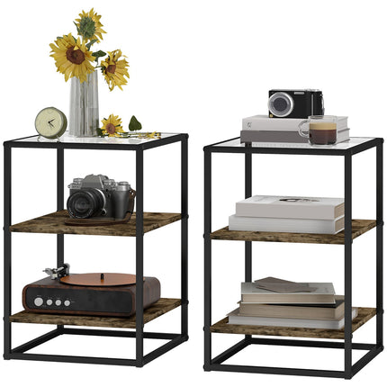 Set van 2 salontafels, bijzettafels met glazen blad, woonkamertafel met 3 niveaus, salontafel voor woonkamer, slaapkamer, hal, 37 x 40 x 55,5 cm, rustiek bruin