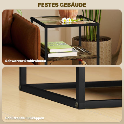 Set van 2 salontafels, bijzettafels met glazen blad, woonkamertafel met 3 niveaus, salontafel voor woonkamer, slaapkamer, hal, 37 x 40 x 55,5 cm, rustiek bruin