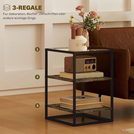 Set van 2 salontafels, bijzettafels met glazen blad, woonkamertafel met 3 niveaus, salontafel voor woonkamer, slaapkamer, hal, 37 x 40 x 55,5 cm, rustiek bruin