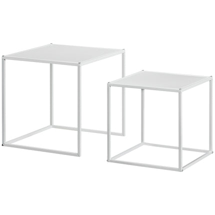 Modern white square coffee table with steel frame, set of 2