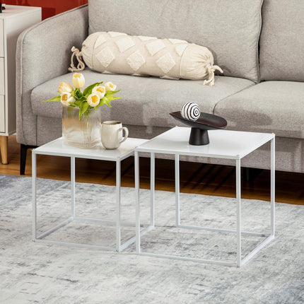 Modern white square coffee table with steel frame, set of 2
