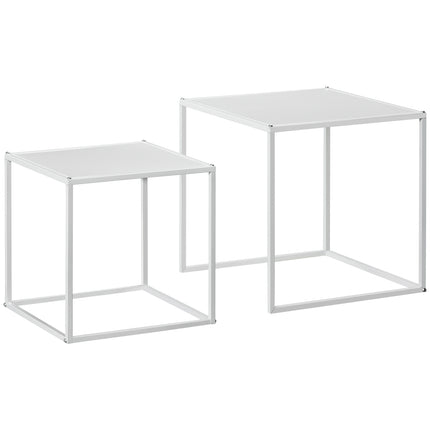Modern white square coffee table with steel frame, set of 2