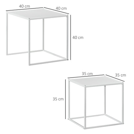 Modern white square coffee table with steel frame, set of 2