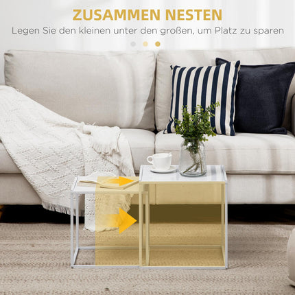 Modern white square coffee table with steel frame, set of 2